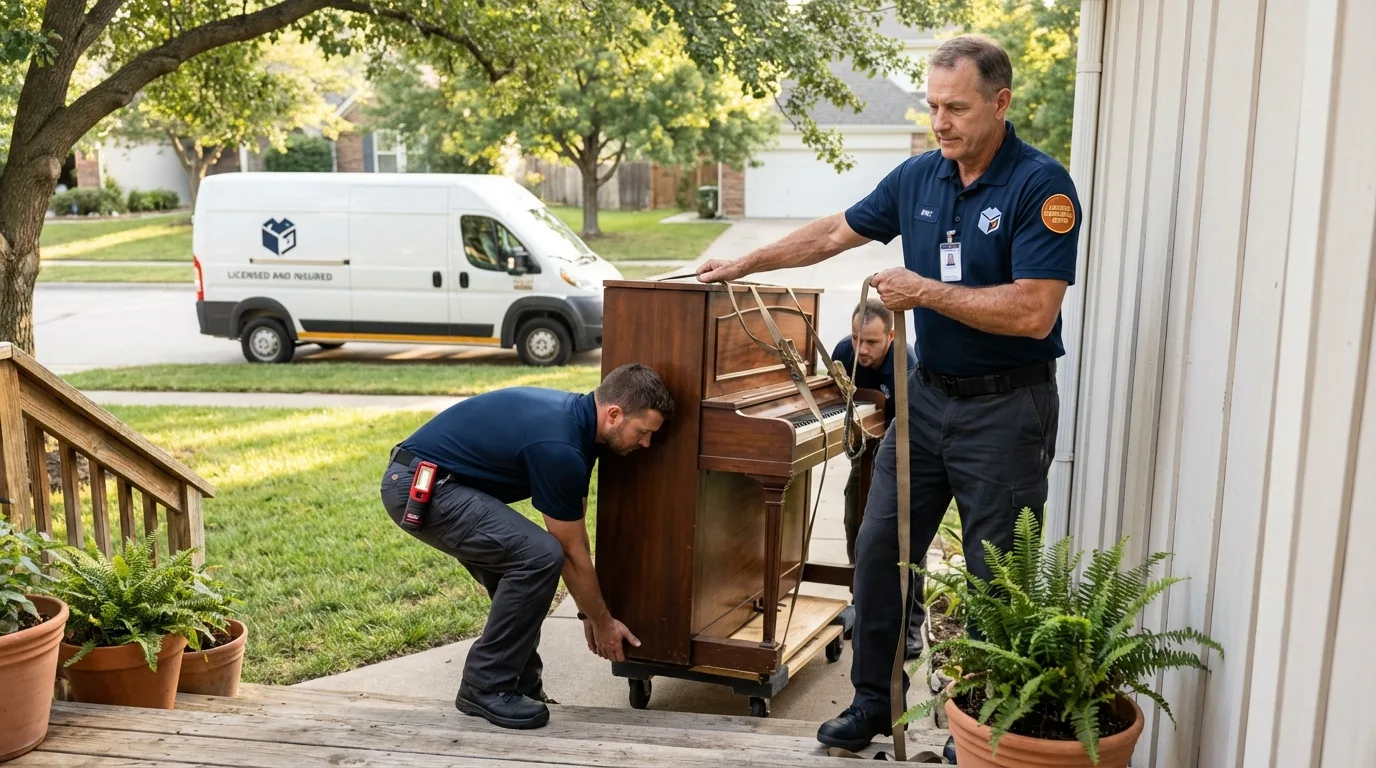 Licensed piano movers securing grand piano in Mound City, MO