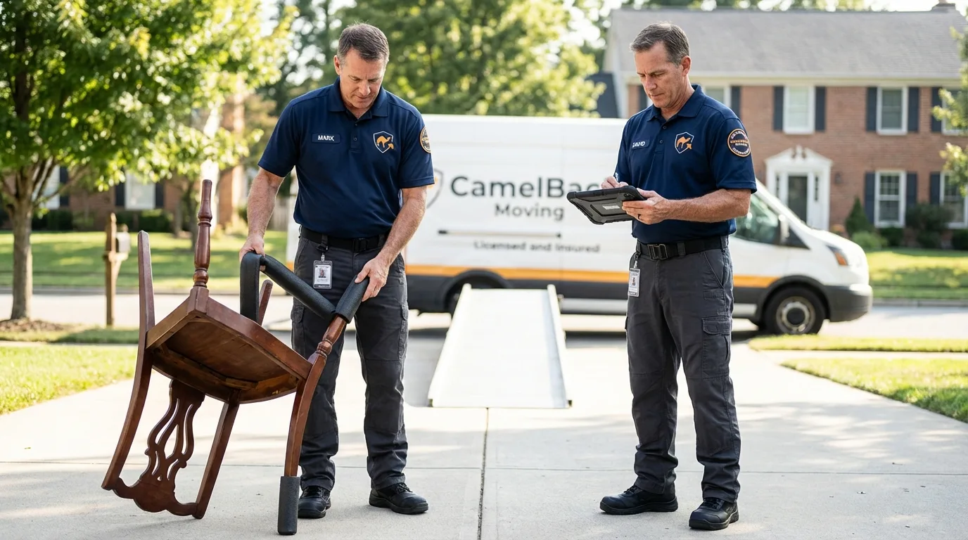 Movers inspecting furniture for damage prevention before loading in Mound City, MO