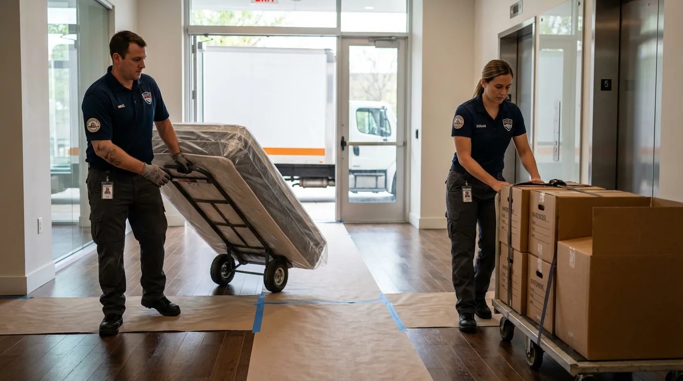 Professional apartment movers loading elevator in Mound City, MO